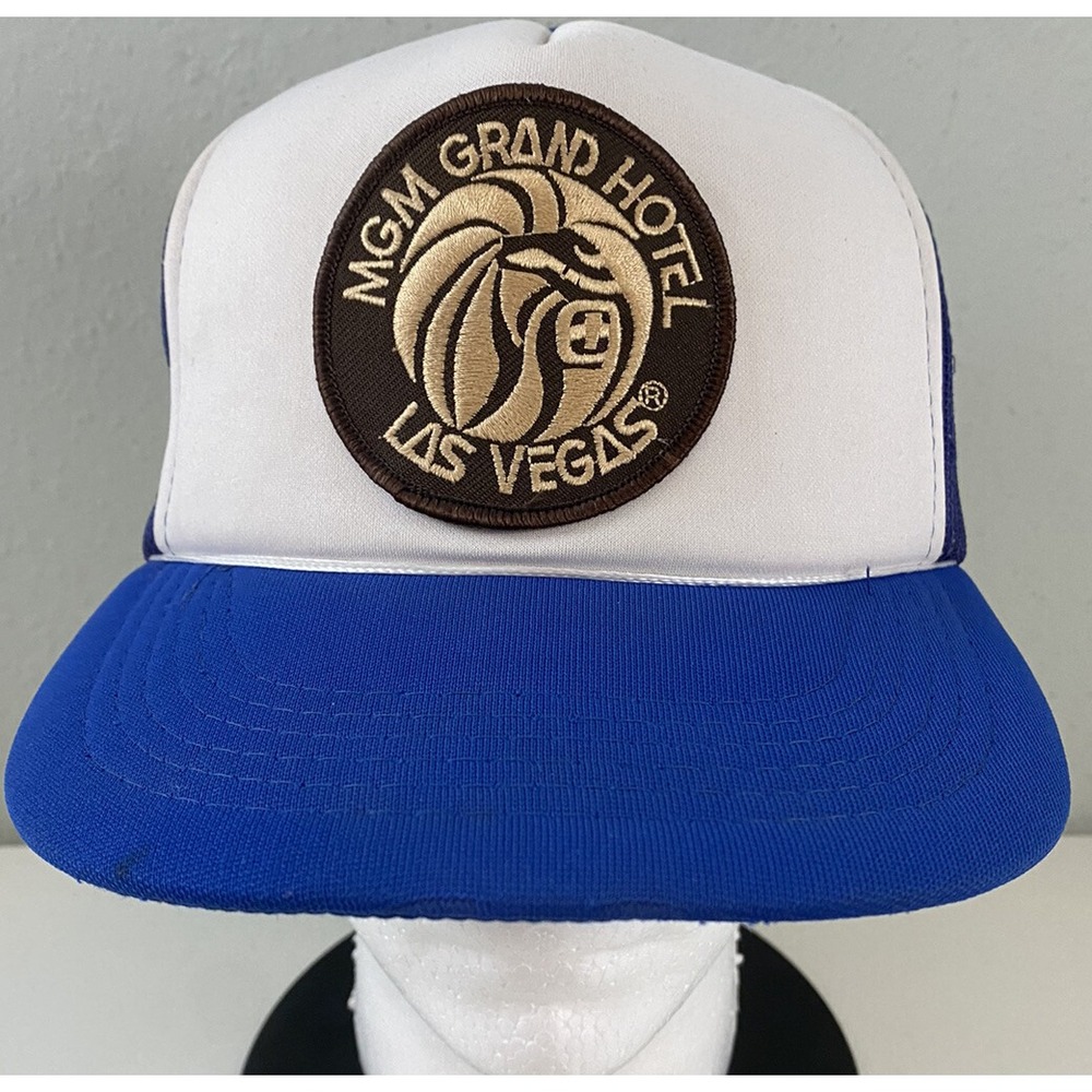 Vintage MGM Grand Las Vegas Patch Snapback Trucker Hat Blue White Mesh Cap